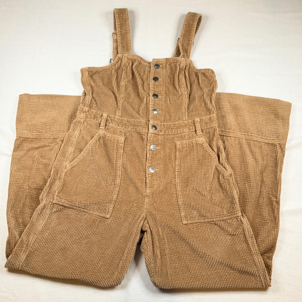Aerie Tan Corduroy Button Front Wide Leg Jumpsuit Overalls Womens Large